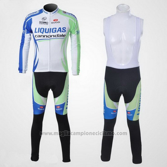 2011 Abbigliamento Ciclismo Liquigas Cannondale Bianco e Verde Manica Lunga e Salopette